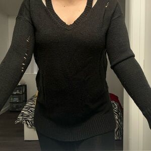 Distressed Black V-Neck Sweater